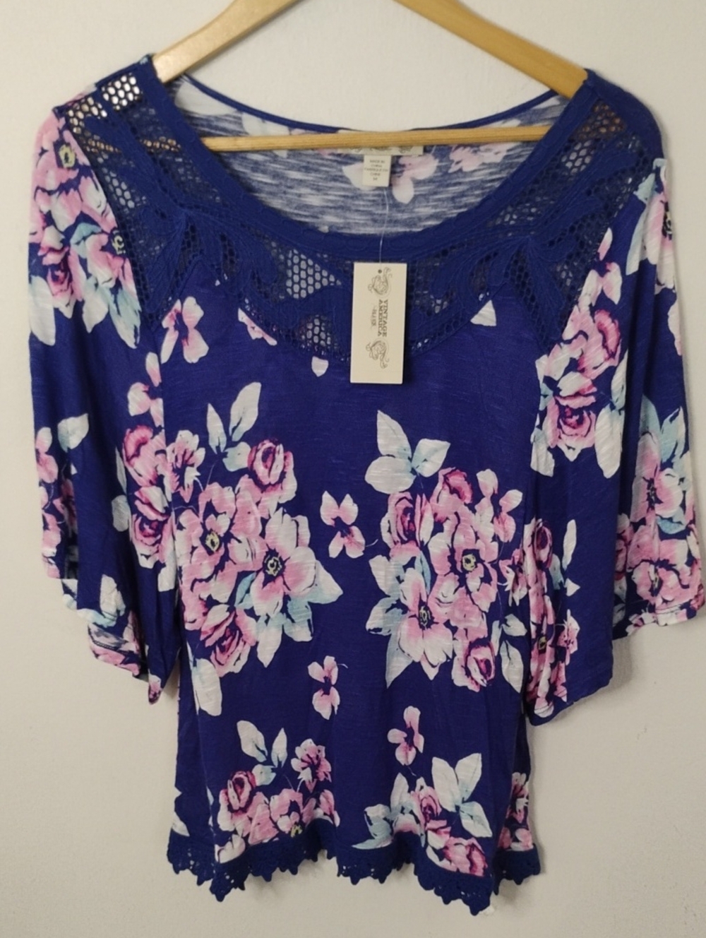 Vintage America Royal Blue Floral Crochet Yoke Top with Pink Accents Nwt